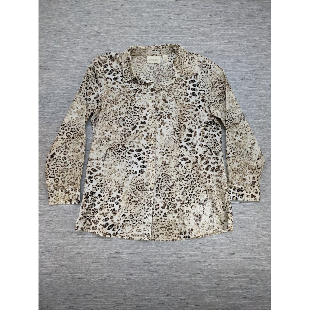 Chico's No Iron Leopard Print Shirt - Size 2 (L) Subtle Paisley Mature Editorial